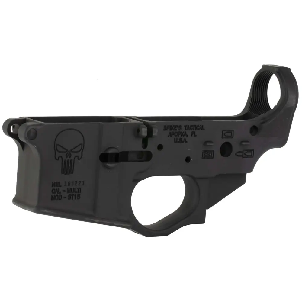 SPIKES TACTICAL STRIPPED LOWER RECEIVER, MULTI CAL, PUNISHER LOGO - Image 3